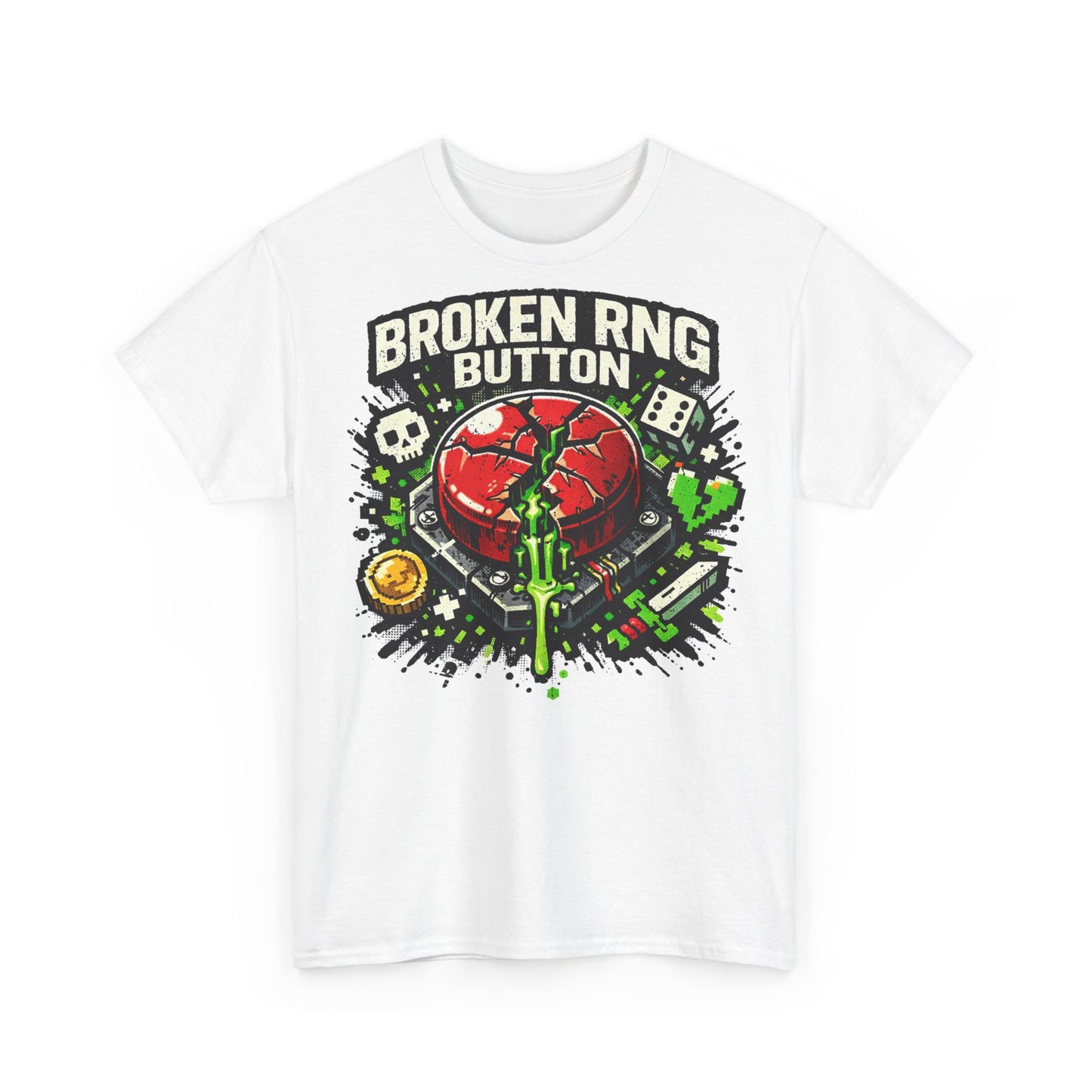 Broken RNG Button T-Shirt — Gamer Retro Graphic Tee (heart, dice, coins)