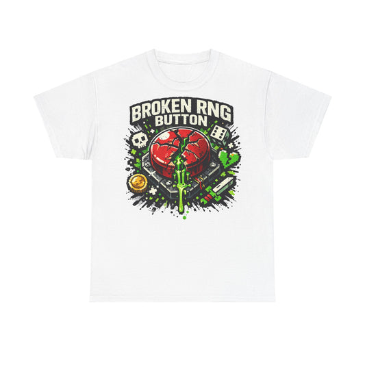 Broken RNG Button T-Shirt — Gamer Retro Graphic Tee (heart, dice, coins)